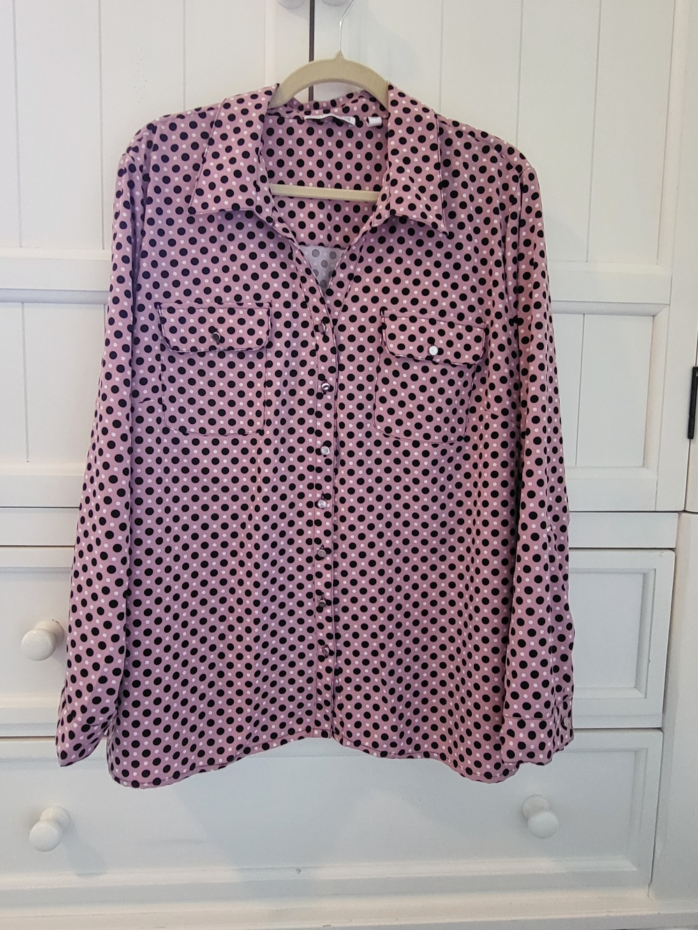 Women's 2X Pink Blouse with Black Polka Dots